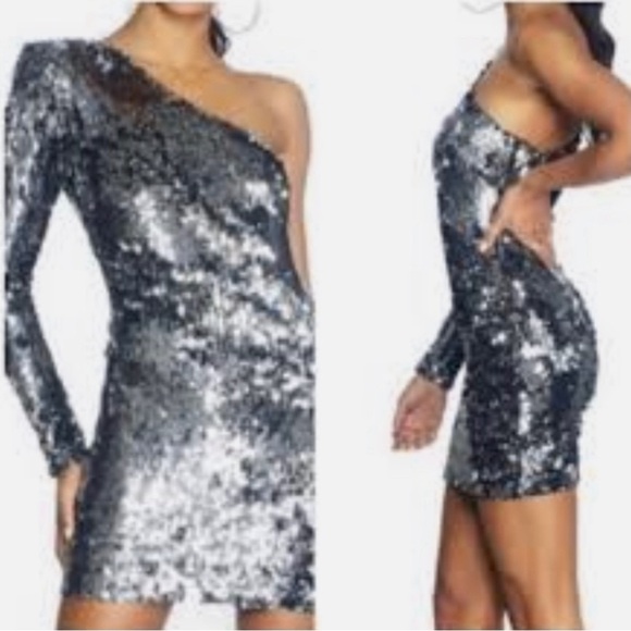 NWT - Cosmopolitan One Shoulder Dress Bodycon Silver Black Sequin size XS 🌺 - Picture 2 of 4